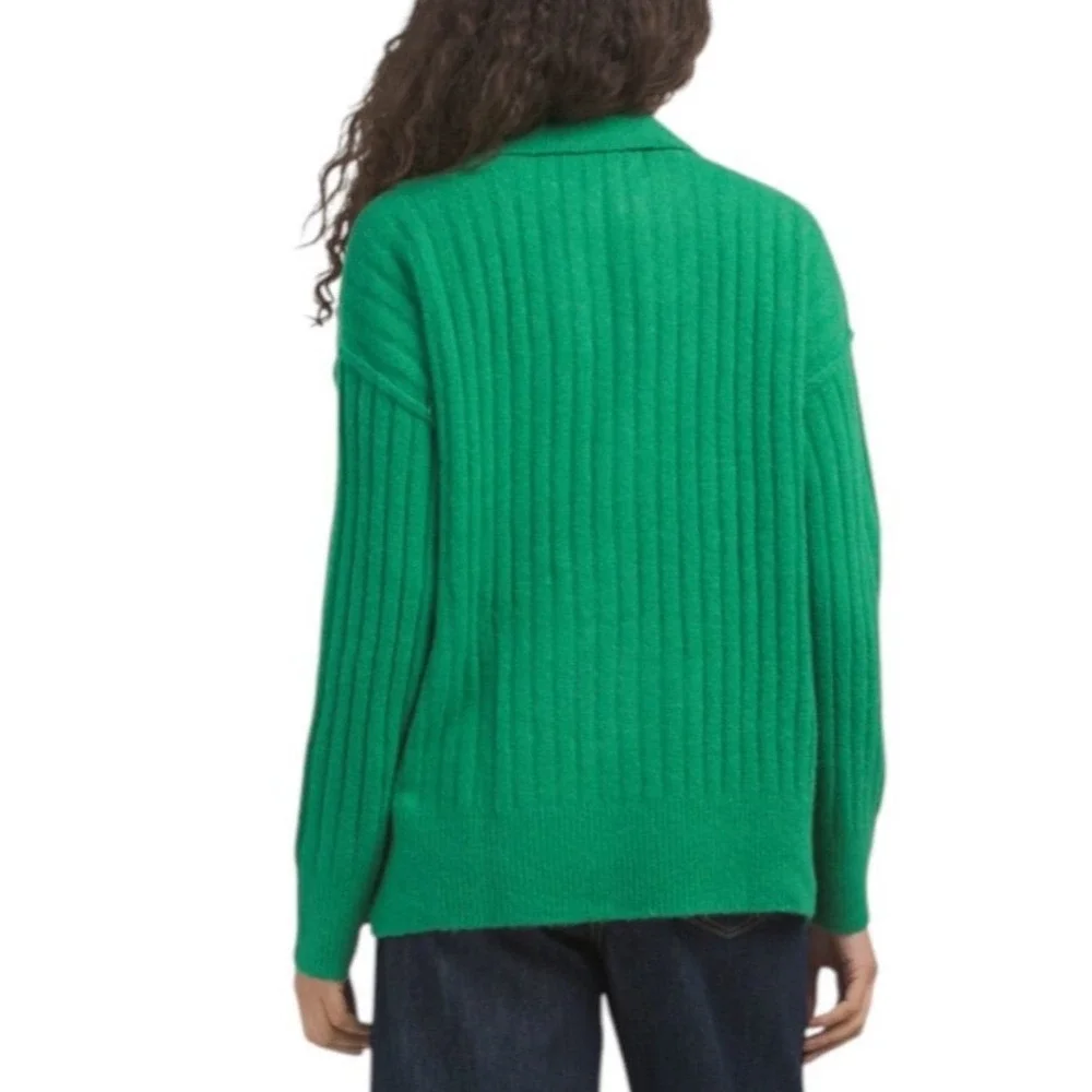 LaBiz Ribbed Polo V-Neck Sweater Womens Small Green Excellent Knit Long Sleeve - Picture 2 of 10